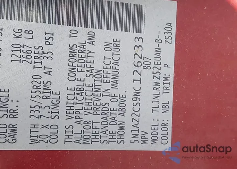 2022 Nissan Murano Sl Intelligent Awd from USA, damaged, VIN 5N1AZ2CS9NC126233